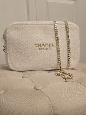 CHANEL White Tweed Cosmetic Pouch with Gold Logo converted to a crossover